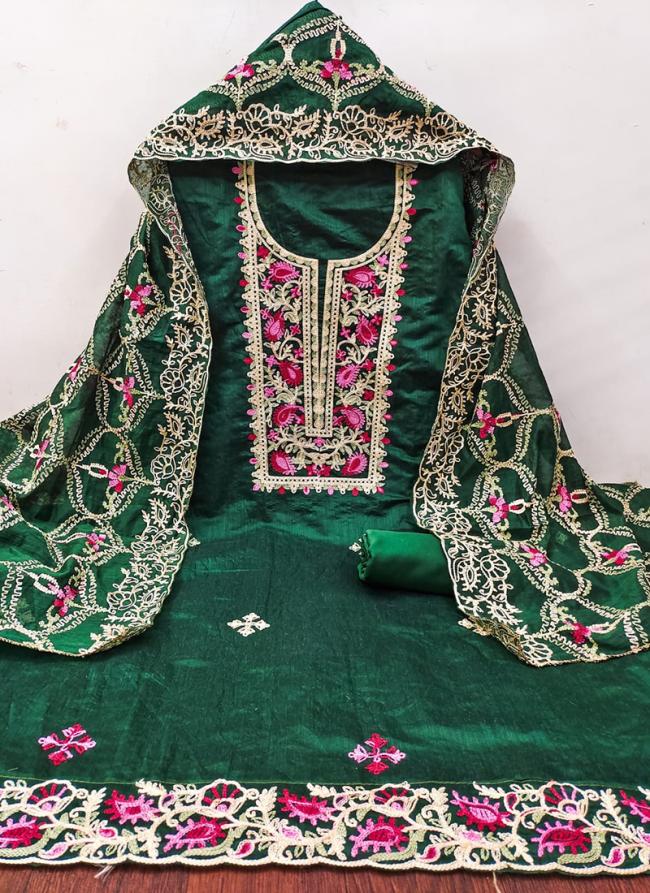 Chanderi Green Traditional Wear Embroidery Work Dress Material